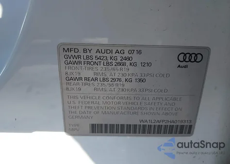 2017 Audi Q5 2.0T Premium из США, поврежденный, VIN WA1L2AFP2HA019313